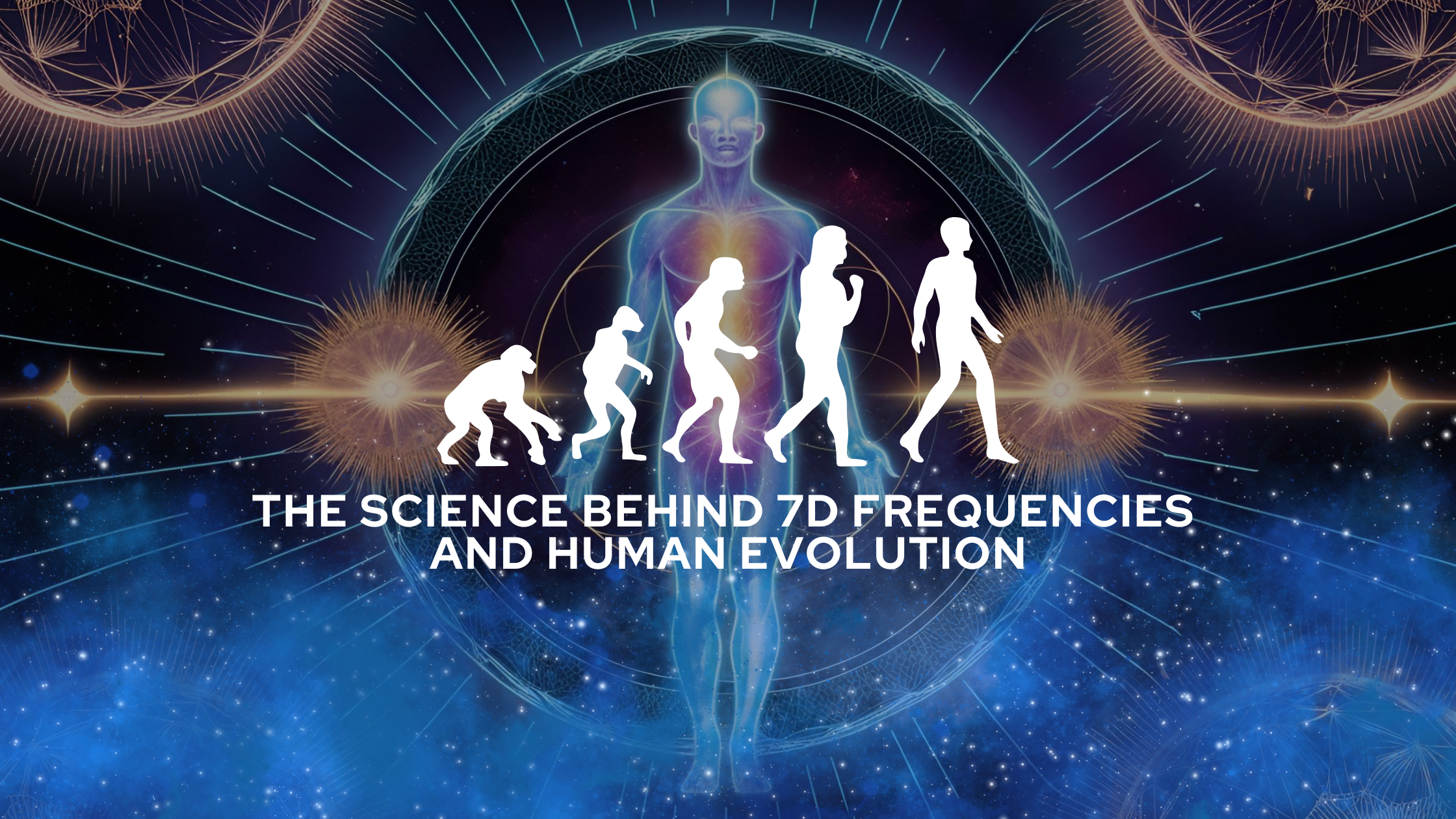 A cosmic blueprint of the human energy body surrounded by radiant geometric fields. Symbolizing the 7D shift in human consciousness and the rise of frequency-based evolution.